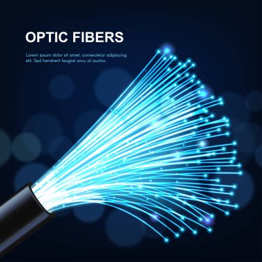 Parlayan optik fiber kablo veya tel gerçekçi vektör, fiber optik gelecekteki teknolojiler. Hızlı internet bağlantısı, ağ iletişimi ve telekomünikasyon, multimedya, dijital veri bant genişliği