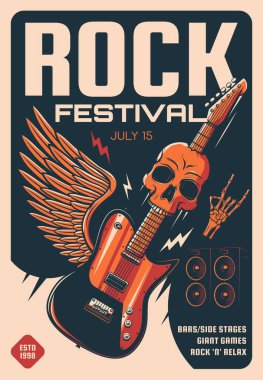 Rock festival of heavy music retro poster. Vector electric guitar, skull and loudspeakers, skeleton hand horn gesture, lightnings and angel wings invite flyer of hard rock fest. Musical flyer clipart