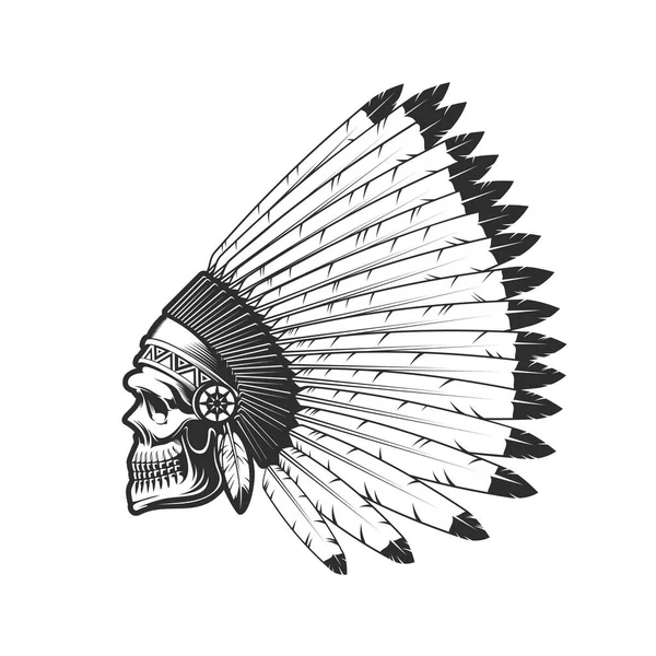 Indian Chief Skull Tattoo American Native Warrior Head Feather Headdress — Stock Vector
