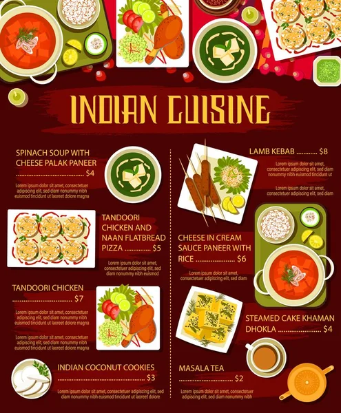 Menú Cocina India Con Carne Verduras Página Palak Paneer Sopa — Archivo Imágenes Vectoriales