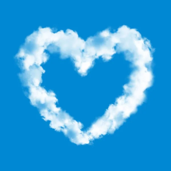 青空を背景にハートクラウド愛とバレンタインデーの現実的なベクトル ハート形の白いふわふわの雲 飛行機の煙 飛行機の歩道や歩道 蒸気や霧の空気 ロマンチックな休日や結婚式 — ストックベクタ