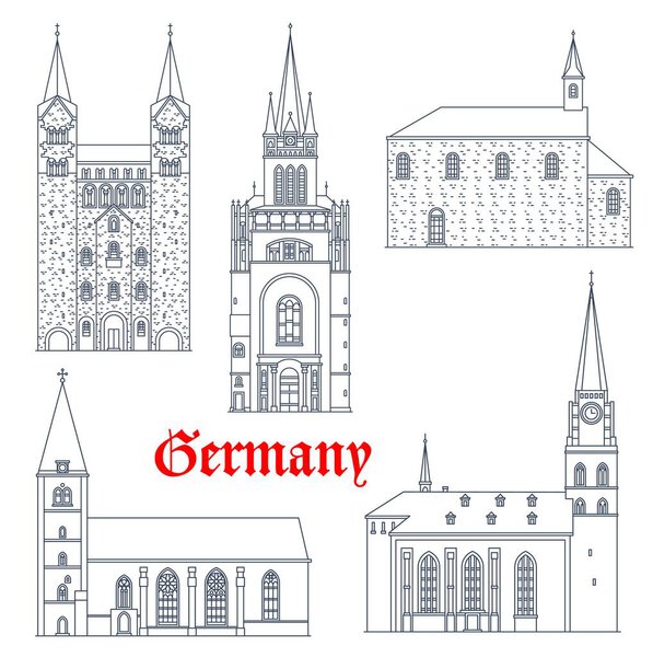 Germany travel landmarks, gothic castles and cathedrals vector icons, Germany buildings. St Maria church in Lemgo and Bielfeld, Hoxter Corvey Abbey, Saint Nikolai chapel in Soest and Pfalz in Aachen