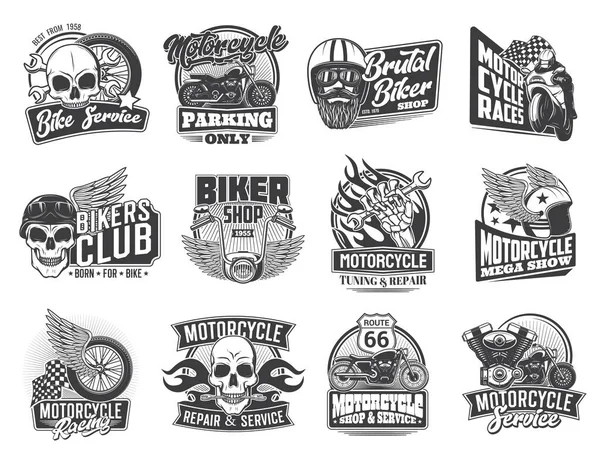 Carreras Motos Motociclista Garaje Iconos Cráneo Moto Rueda Las Alas — Vector de stock