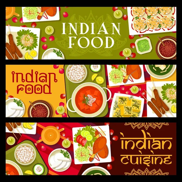 Индийские Ресторанные Блюда Векторные Баннеры Индийское Кокосовое Печенье Кебаб Баранины — стоковый вектор