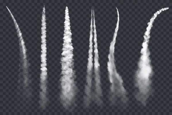 Raketenrauch Oder Vektorspuren Von Düsenflugzeugen Isoliert Auf Transparentem Hintergrund Realistische — Stockvektor