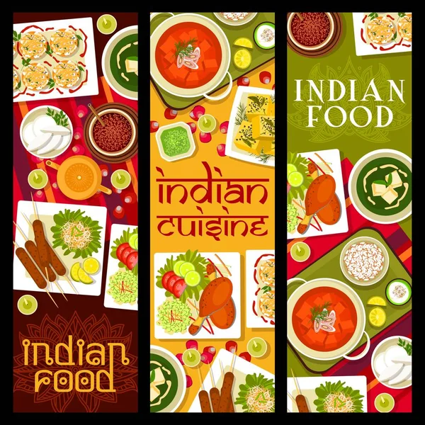 Indyjskie Jedzenie Restauracja Dania Wektorowe Banery Baranina Kebab Herbata Masala — Wektor stockowy