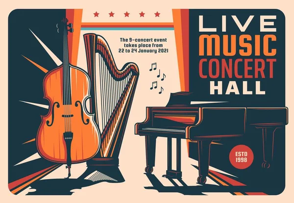 Live Music Concert Hall Flyer Vectoriel Rétro Avec Violon Harpe — Image vectorielle