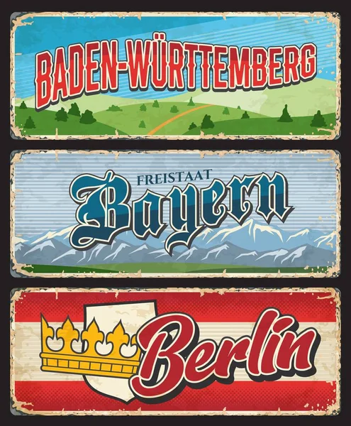 Berlin Bayern Baden Wurttemberg Almanya Devleti Metal Plakalar Vektör Retro — Stok Vektör