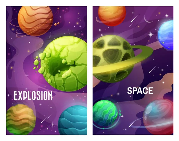 Ruimte Planeten Explosie Sterrenstelsel Asteroïden Aanval Vector Fantasie Cartoon Achtergrond — Stockvector