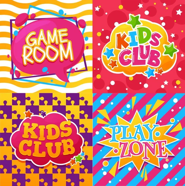 Clube Crianças Sala Jogos Jogar Cartazes Desenhos Animados Zona Atividade — Vetor de Stock