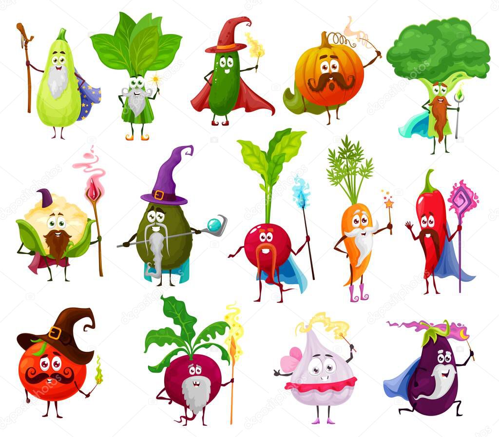Magician, witch, wizard veggies vector characters. Vegetable cartoon fairy and sorcerer wizards. Pepper, tomato, carrot and garlic, radish and broccoli, cucumber and spinach, cauliflower and avocado