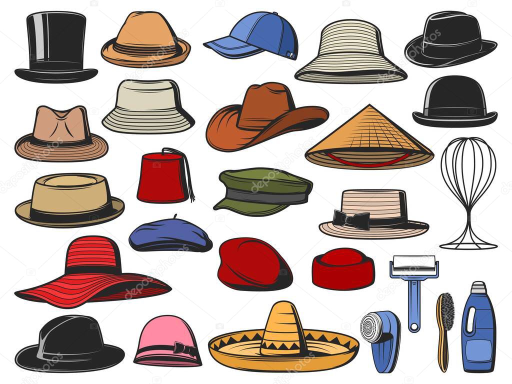 Hats and caps vector. Man and woman headwear icons. Cowboy, Asian straw and cylinder hats, beret, bowler, fedora and beanie, baseball cap, sombrero, cloche, panama and pillbox headdress