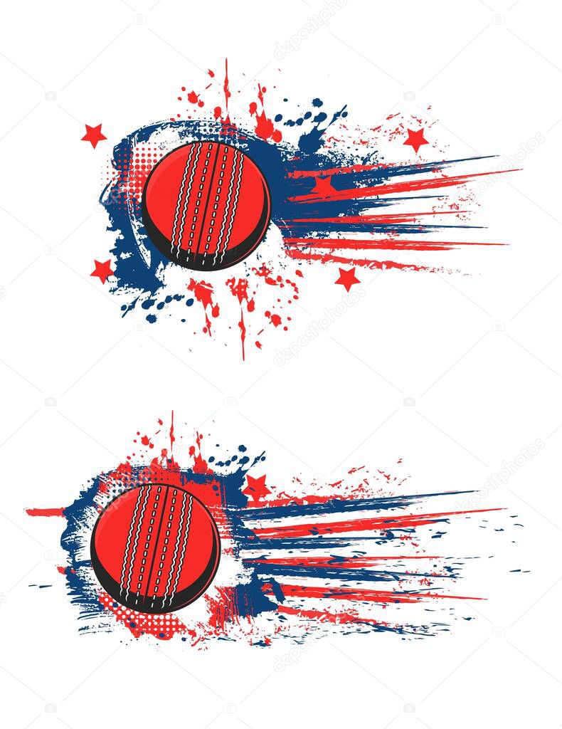 Cricket ball vector banner, sport game championship splash halftone flag. Cricket club and team league badges with ball on red blue splash hit for fan club and varsity team game
