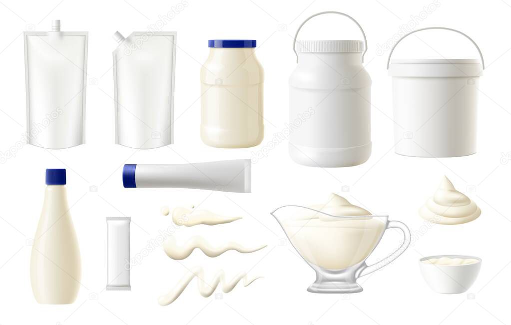 Mayonnaise food packages vector mockups, realistic blank pouches, white plastic bags, packs and doypacks with spouts. Isolated boxes, buckets, jar, tube and bottle, sachet and bowl of mayonnaise sauce
