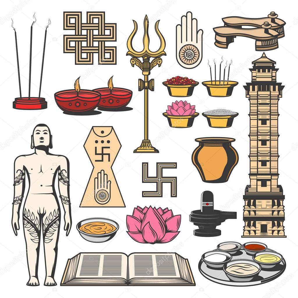 Jainism Indian religion symbols with vector sketches of Jain Dharma, ahimsa and kalash pot. Jain Prateek Chihna, diya lamps, lotus, lingam and shrivatsa, paduka, bahubali, agama book and panchamrita