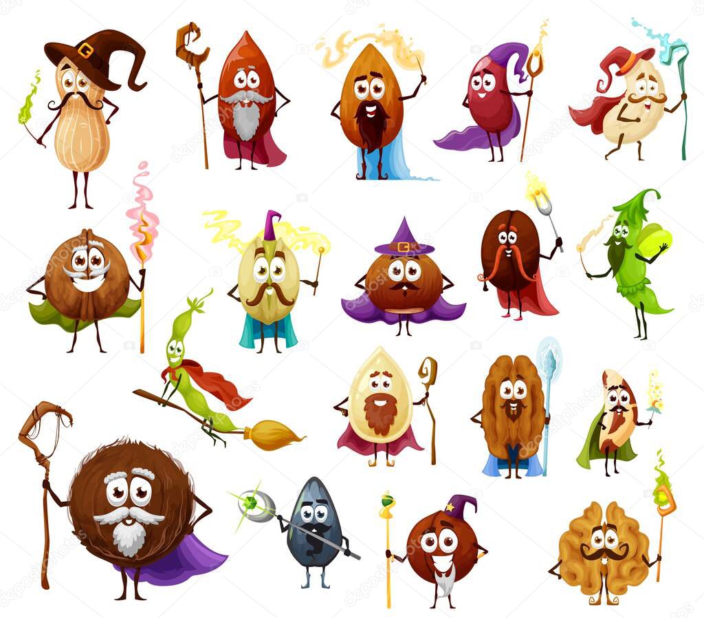 Nut, seed and bean magician and wizards cartoon vector characters cute witch and fairy. Almond, peanut, walnut and pistachio, cashew, hazelnut and coconut, coffee and soy beans with magic wands, hats