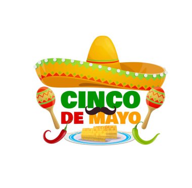 Geleneksel Meksika vektör şapkalı Cinco de Mayo bayram ikonu, marakas, kırmızı ve yeşil acı biber ve tabakta mısır. Meksika 'nın ulusal bayramı karikatür izole etiketi