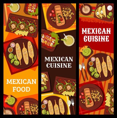 Meksika mutfağı yemekleri ve vektör pankartları. Michelada kokteyli, doldurulmuş biber ve tavuk enchilada, ızgara mısır, Carne Asada bifteği ve avokado guacamole, et ve fasulyeli taco.