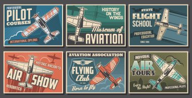 Havacılık retro uçak vektör posterleri hazır. Pilot eğitim kursları, uçuş okulu ve kulüp, hava gösterisi, havacılık tarihi müzesi afişleri. Vintage pervane monoplane, gökyüzünde uçan eski uçak