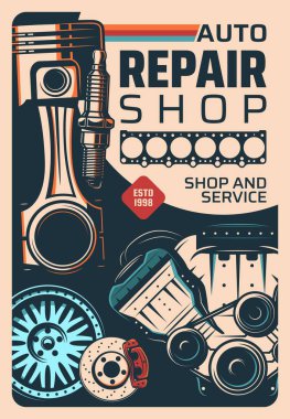 Araç tamirhanesi ve araba servis afişi. Araba motoru tamircisi, garaj tamircisi ya da yedek parça mağazası retro vektör pankartı. Motor contası, piston ve buji, tekerlek ve fren diski