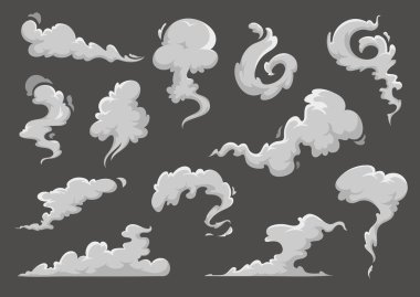 Cartoon clouds, steaming smoke and steam flows. Vector comic book explosion clouds, smoke puffs and speed dust trails, smog or vapor air flows and fog or fume swirls on dark background clipart