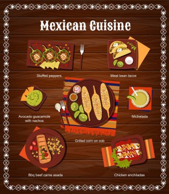 Meksika mutfağı yemekleri ve vektör menüsü. Doldurulmuş biber, fasulyeli taco ve avokado soslu nachos, Michelada kokteyli ve ızgara mısır, Carne Asada bifteği, tavuk enchilada