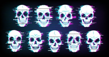 Glitch skulls vector distorted neon glowing pixelized craniums or jolly roger. Trippy digital art, horror, dead heads on black background. Television messy distortion or vhs tape glitch effect clipart