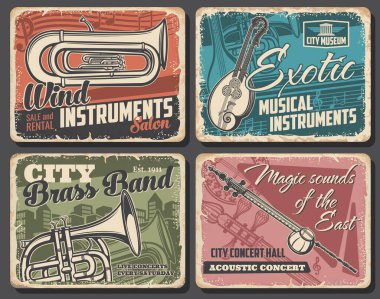 Müzik aletleri ve canlı akustik konser vektör retro posterleri. Euphonium ve Fransız kornosu, çift boyun gitarı veya mandolin ve kamancheh. Müzik bandosu konseri, enstrümanlar müzesi ve kuaför pankartları