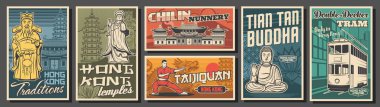 Hong Kong seyahati, simgeler, kültür ve din vektör retro posterleri. Vector deniz tanrıçası, Chi Lin manastırı ve Büyük Buda heykeli, Taijiquan kung fu ustası, çift katlı tramvay ve pagoda kulesi