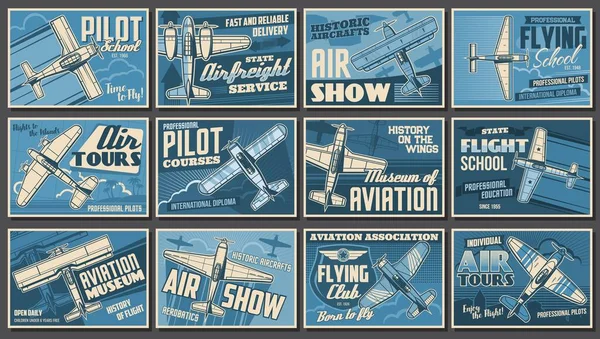 Uçuş Gösterisi Uçaklar Havacılık Kulübü Posterleri Retro Vektör Vintage Uçak — Stok Vektör