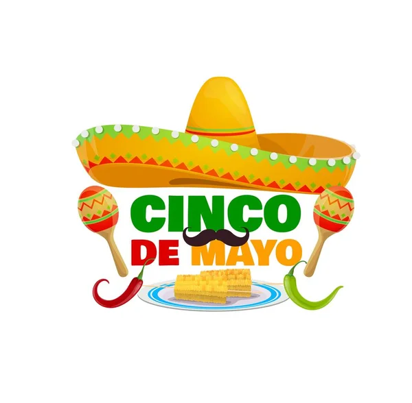 Cinco Mayo Icono Vacaciones Con Sombrero Vector Mexicano Tradicional Maracas — Vector de stock