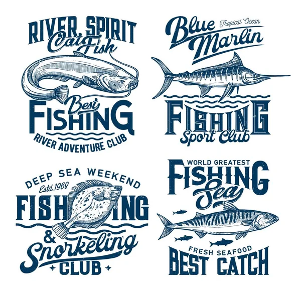 Pesca Snorkeling Clube Marinho Shirt Impressões Com Peixes Ondas Mar — Vetor de Stock