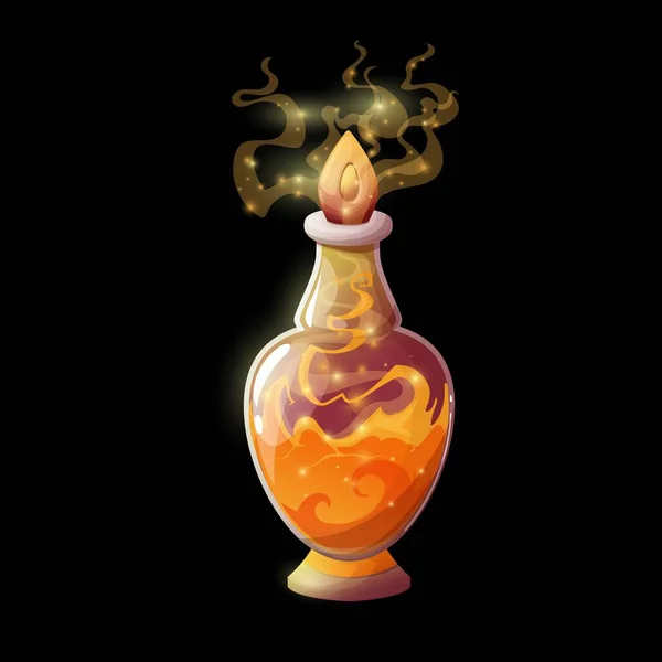 Flacon Potion Avec Flammes Feu Orange Élixir Magique Vecteur Fiole — Image vectorielle