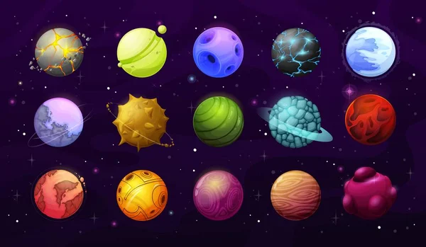 Planetas Estrellas Alienígenas Galaxia Espacial Fantasía Vectorial Elementos Dibujos Animados — Vector de stock