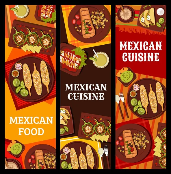 メキシコ料理レストラン料理やドリンクベクトルバナー ミケーラダカクテル ピーマンと鶏のエンチラーダ 焼きとうもろこし カルネ朝田牛とアボカドのグアカモレ 肉と豆のタコス — ストックベクタ