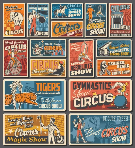 Circus Kermis Carnaval Retro Posters Magische Show Dieren Entertainment Festival — Stockvector