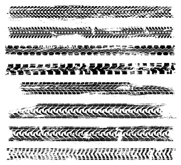 Tire tracks and car wheel tyre prints vector design of speed race sport. Mud road tread marks black grunge pattern, dirty rubber tire traces of drug racing truck, motorcycle, bicycle, bike or tractor