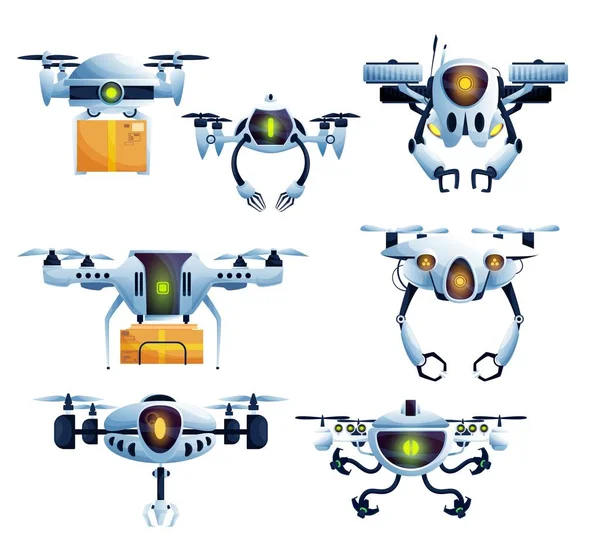 Létající Robot Droidí Dron Kreslené Postavičky Helikoptéry Vektorové Letadlo Roboti — Stockový vektor