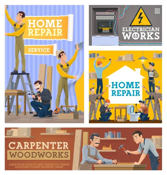 Reparação Renovação Home Trabalhadores Vetor Construção Wallpapering Trabalhador Manual Reparação — Vetor de Stock