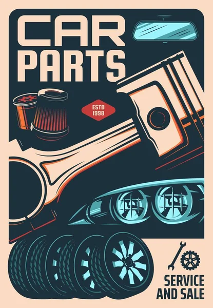 Car Spare Parts Shop Repair Workshop Retro Poster Vehicle Repair — Stock Vector
