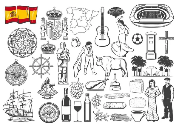 Spaanse Reisiconen Symbolen Vectorkaart Vlag Barcelona Madrid Herkenningspictogrammen Spanje Flamenco — Stockvector