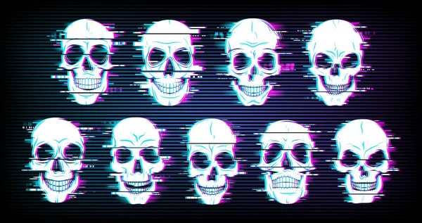 Glitch Skulls Vector Distorted Neon Glowing Pixelized Craniums Jolly Roger — Stock Vector