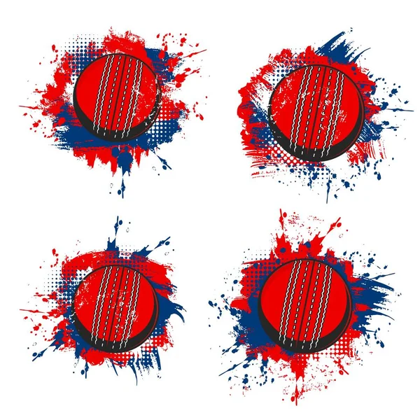 Cricket balls, vector sport equipment grunge banners with red and blue paint splashes, brush strokes and halftone pattern. Cricket game balls of sporting competition or sport club