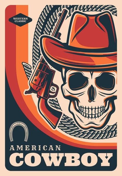 Wild West Cowboy Totenkopf Amerikanisches Western Vektor Retro Poster Rodeo — Stockvektor