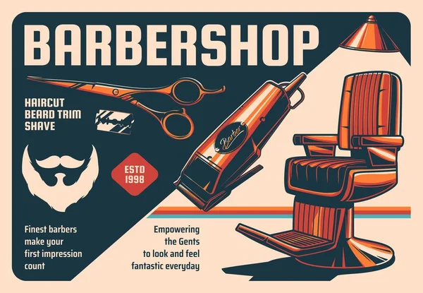 Barbershop Vintage Vector Poster Armchair Equipment Shaving Machine Scissors Blade — Stock Vector
