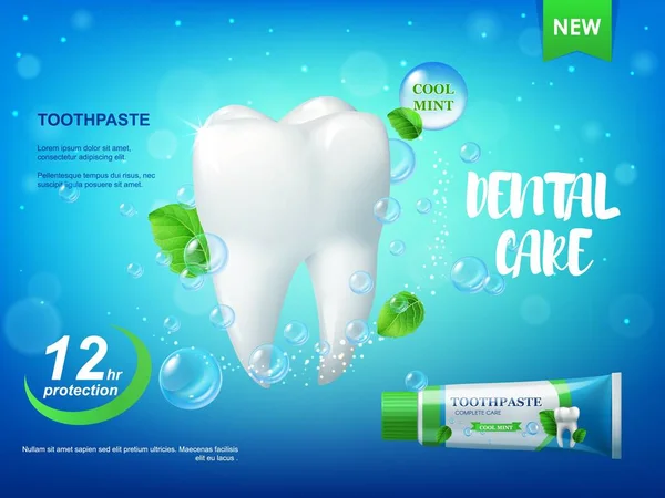酷酷的薄荷牙膏和牙齿逼真的矢量海报 3D健康牙齿 有牙齿护理 牙釉质保护或美白牙膏管 绿叶薄荷及泡泡 — 图库矢量图片