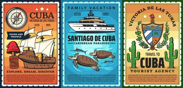 Viaje Cuba Carteles Retro Del Resort Caribeño Carabela Cristóbal Colón — Archivo Imágenes Vectoriales