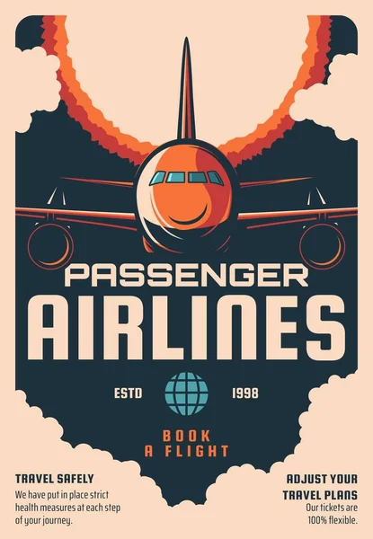 Passenger Airlines Flights Booking Service Retro Poster Modern Airliner Jet — Stock Vector