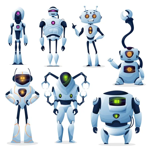 Robots Bande Dessinée Androïdes Cyborgs Personnages Vectoriels Créatures Robotisées Droïdes — Image vectorielle
