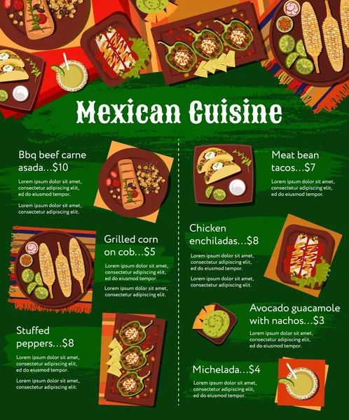 Mexikanische Küche Mahlzeiten Menüvektorvorlage Carne Asada Rindfleisch Fleisch Bohnen Tacos — Stockvektor